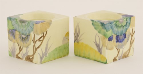 Lot 92 - A pair of Clarice Cliff Bizarre 'Rhodanthe' candle holders