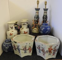 Lot 323 - A pair of Chinese style porcelain table lamps