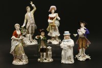 Lot 303 - A collection of five Sitzendorf porcelain figures in traditional costume and one other nodding figure. Tallest 22cm