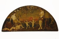 Lot 395 - An arched over door painting of classical figures under an arbor