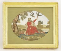 Lot 158 - Three George III embroidered oval pictures:
St Francis feeding the birds