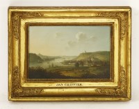 Lot 336 - Manner of Jan Griffier the Younger
A RHENISH LANDSCAPE WITH A RIVERSIDE TOWN
Oil on metal
17 x 25cm