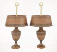 Lot 374 - A pair of Etruscan style toleware table lamps