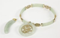 Lot 56 - A 9ct gold jade panel bracelet with Chinese character links