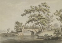 Lot 676 - Job Bulman (mid-18th century) 
A RIVER LANDSCAPE WITH TRAVELLERS BESIDE A STONE BRIDGE