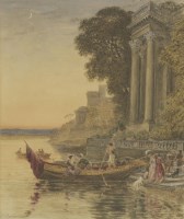 Lot 679 - George Barret Jnr. (1767-1842) 
A RIVER LANDSCAPE WITH ELEGANT FIGURES DISEMBARKING FROM A BOAT NEAR CLASSICAL RUINS
Signed and dated 1831 l.l