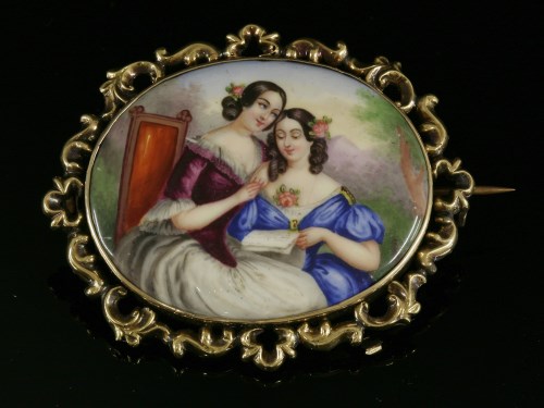 Lot 61 - A Victorian painted Berlin enamel plaque brooch