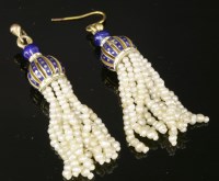 Lot 99 - A pair of gold enamel and seed pearl tassel drop earrings