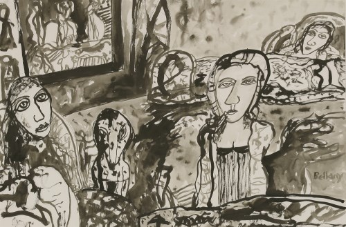 Lot 47 - John Bellany RA (1942-2013)
FIGURES AND A DOG IN AN INTERIOR
Signed l.r.