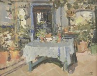 Lot 372 - Tom Coates (b.1941)
A TABLE IN AN INTERIOR WITH FLOWERS
Signed with monogram l.r.