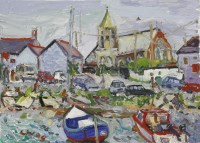 Lot 308 - Linda Weir (b.1951)
HARBOUR WITH A CHURCH
Signed with initials and dated '05 l.l.