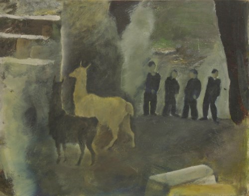 Lot 196 - Tessa Newcomb (b.1955)
TWO ALPACAS IN A YARD WITH FOUR FIGURES STANDING BEHIND
Signed and dated '79 l.r.
