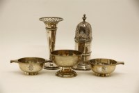 Lot 158 - Five early 20th century silver items: a 17th style sugar shaker