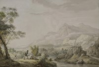 Lot 282 - Paul Sandby RA (1725-1809) 
AN EXTENSIVE MOUNTAINOUS LANDSCAPE WITH FIGURES BY A RIVER 
Pen and ink and watercolour
37 x 53cm