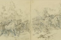 Lot 315 - Allen William Seaby (1867-1953)
A 'ROUND UP' IN THE NEW FOREST
Pencil and coloured pencil
Two sheets framed as one