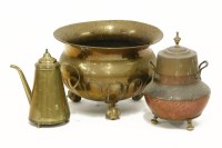 Lot 228 - 3 brass and copper items: an early brass coffee pot