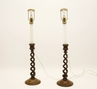 Lot 260 - A pair of mahogany candlestick table lamps