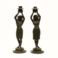 Lot 248 - A pair of Egyptian servant spelter candlesticks