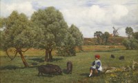 Lot 370 - Henry Gibbs (fl.1880-1907)
A YOUNG GIRL SEATED IN A FIELD WITH PIGS
Signed and dated 1894 l.l.