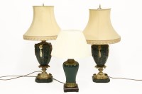 Lot 372 - A pair of faux marble table lamps and shades