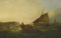 Lot 383 - Adolphus Knell (fl.1860-1890)
FISHING BOATS APPROACHING HARBOUR AT DUSK
Signed l.r.