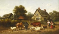 Lot 372 - Aster R C Corbould (1812-1882)
A COUPLE DRIVING CATTLE AND SHEEP PAST A COTTAGE
Signed and dated 1876 l.r.