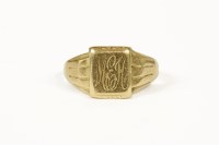 Lot 1054 - An 18ct gold signet ring with rectangular plaque head engraved with initials