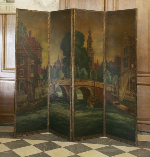 Lot 12 - A four-panel folding leather screen