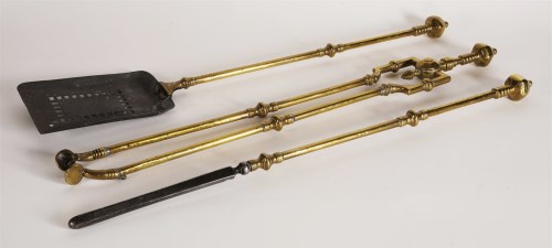 Lot 93 - A set of three George III brass-mounted and steel fire irons