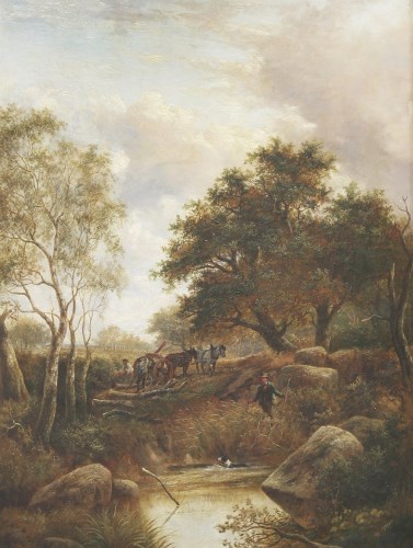Lot 178 - Joseph Thors (1835-1898)
A WOODED LANDSCAPE WITH A TIMBER WAGON