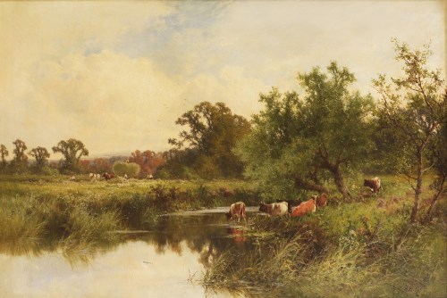 Lot 7 - Henry H Parker (1858-1930)
A RIVER LANDSCAPE WITH CATTLE WATERING AND HAYMAKERS IN THE DISTANCE
Signed l.r.