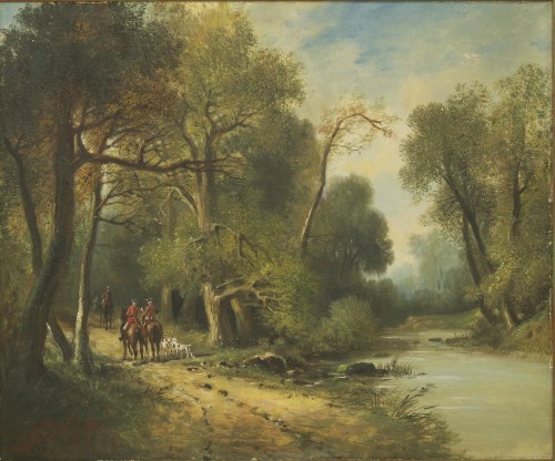 Lot 1518 - Eugene Blasset (late 19th century)
HUNTSMAN AT A RIVERSIDE TRACK
Signed and dated 87