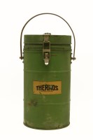 Lot 1304 - An early 20th century green painted thermos flask of cylindrical form