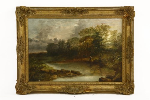 Lot 1500 - Circle of W J Muller
A WOODED LANDSCAPE WITH FIGURES BY A RIVER
Oil on canvas
44 x 64cm