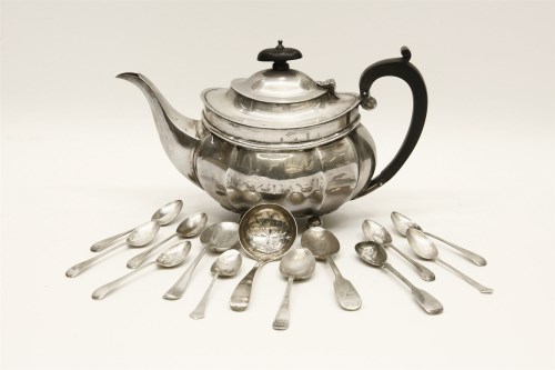 Lot 1166 - A silver teapot and various cutlery
