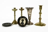 Lot 186 - Sundries:  including a pair of Gothic revival brass candlesticks