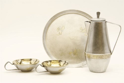 Lot 214 - A Mstera Jewellers coffee set for two on a tray