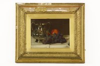 Lot 556 - An oil on board still life depicting fruit beside a twin handled silver vessel