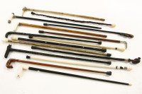 Lot 411 - A collection of 15 various walking canes to include exotic carved hardwood and carved bone topped examples