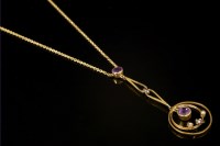 Lot 670 - An Edwardian Edna May-style amethyst and split pearl pendant