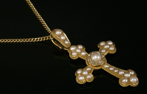 Lot 96 - A Victorian split pearl and diamond set Latin form Bottony cross and chain