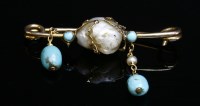 Lot 122 - An Art Nouveau baroque pearl and turquoise bar brooch