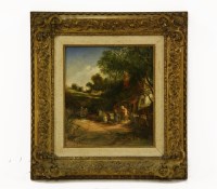 Lot 399 - FIGURES OUTSIDE A COTTAGE IN A VILLAGE
with initials ECW l.l.