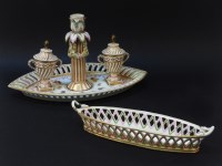 Lot 222 - A Meissen ink stand: the navette shaped tray with pierced border