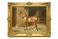 Lot 395 - Continental School
CARRIAGE HORSE AND TERRIER OUTSIDE A STABLE 
oil on board