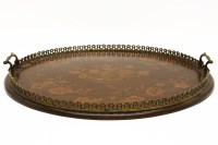 Lot 365 - An Edwardian circular tray with marquetry flower inlay and two brass handles. 53cm diam.