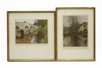 Lot 495 - Robert Gustave Meyerheim (1847-1920) 
STONE BRIDGE; POND WITH BUILDING AND TREES 
oil on card