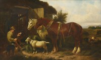 Lot 454 - Follower of John Frederick Herring Snr.
A FARMER SEATED WITH HIS WORKING HORSES