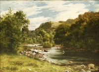 Lot 463 - Attributed to James Peel (1811-1906)
A RIVER LANDSCAPE WITH AN ANGLER
Indistinctly signed with monogram and dated 1861 l.l.