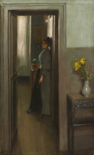 Lot 444 - Count Albert de Belleroche (1864-1944)
A WOMAN STANDING IN A DOORWAY OF AN INTERIOR
Signed and dated '90' l.r.
